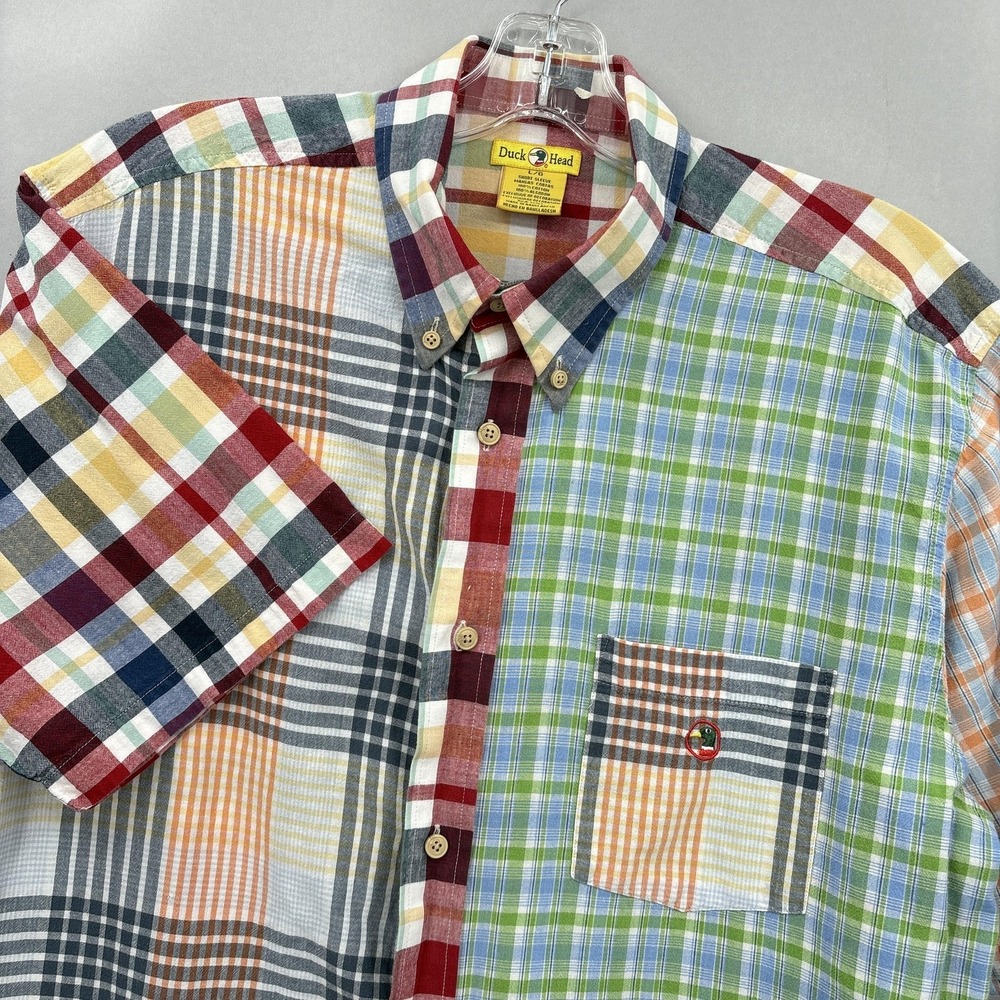 Duck Head Shirt Men Large Plaid Patchwork Multi Party Button Down Madras Fun VTG